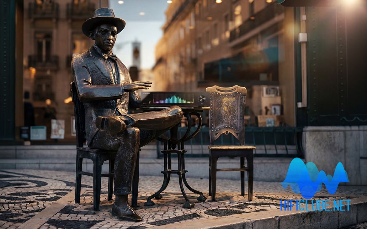 A estátua de bronze de Fernando Pessoa, no Chiado, Lisboa, em frente à Brasileira, com o Z-10 em cima da sua mesa do café.