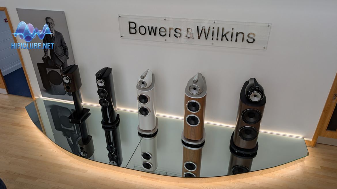 The complete range of the B&W Series 800 Diamond D5. On the left, Sir John Bowers, who, having become rich through inheritance, chose to continue producing high-quality speakers and create jobs in post-war England.